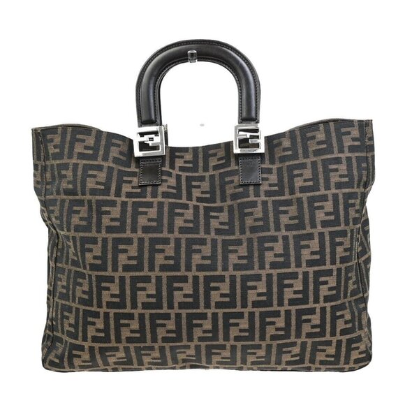 FENDI Logo Zucca Pattern Hand Tote Bag Canvas Leather Brown Silver Italy 98RF206 - Picture 1 of 14